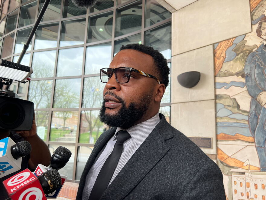  Lee Merritt, a lawyer representing the family of Ralph Yarl, outside the Clay County Courthouse on April 19, 2023.
