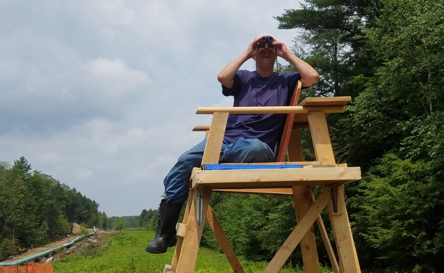 Sue Baxter owns land abutting where a New York-to-Connecticute pipeline is being constructed. She sits atop a lifeguard chair made for her by friends, as she keeps an eye on the project.