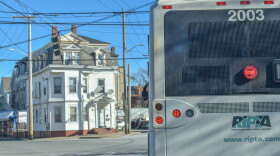 A Rhode Island Public Transit Authority bus stops on Pocasset Avenue in Providence on Jan. 30, 2025.