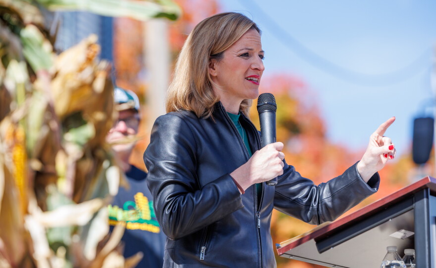 Secretary of State Jocelyn Benson, the Democratic nominee for governor, speaks at a corn farm in Lansing, Mich., on Oct. 8, 2026.