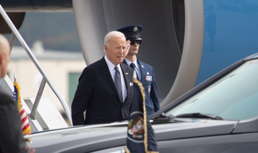 President Joe Biden arrives at the Wilkes-Barre/Scranton International Airport to attend the funeral of his childhood friend, Tom Bell, Sr.