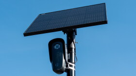 Flock license plate reader and camera with solar panel against a blue sky, Pleasant Hill, California, April 16, 2026. (Photo by Smith Collection/Gado/Getty Images)