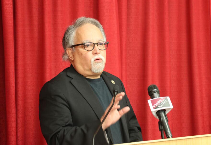 Arkansas Health Secretary José Romero speaking at a press conference on Jan. 18 shortly before being vaccinated for COVID-19.