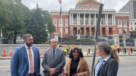  Rep. Mike Connolly, Sen. Jamie Eldridge, Boston City Councilor Kendra Lara, and Rep. Jamie Belsito hold a press conference Thursday, Oct. 13, 2022,  in front of the Statehouse on a bill filed to set a limit on the maximum tax credit that would flow back to high-income earners under Chapter 62F. 