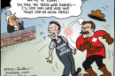 A figure representing the Canadian Mounties punches a worker wearing overalls labeled "MICHIGAN AUTO INDUSTRY," knocking teeth and a hat into the air. Safe behind a brick wall in the background, Donald Trump holds up a smartphone and calls out, "WE'RE A TEAM! YOU TAKE THE TRADE WAR PUNCHES—I'LL STAY SAFE OVER HERE AND TAUNT HIM ON SOCIAL MEDIA!"