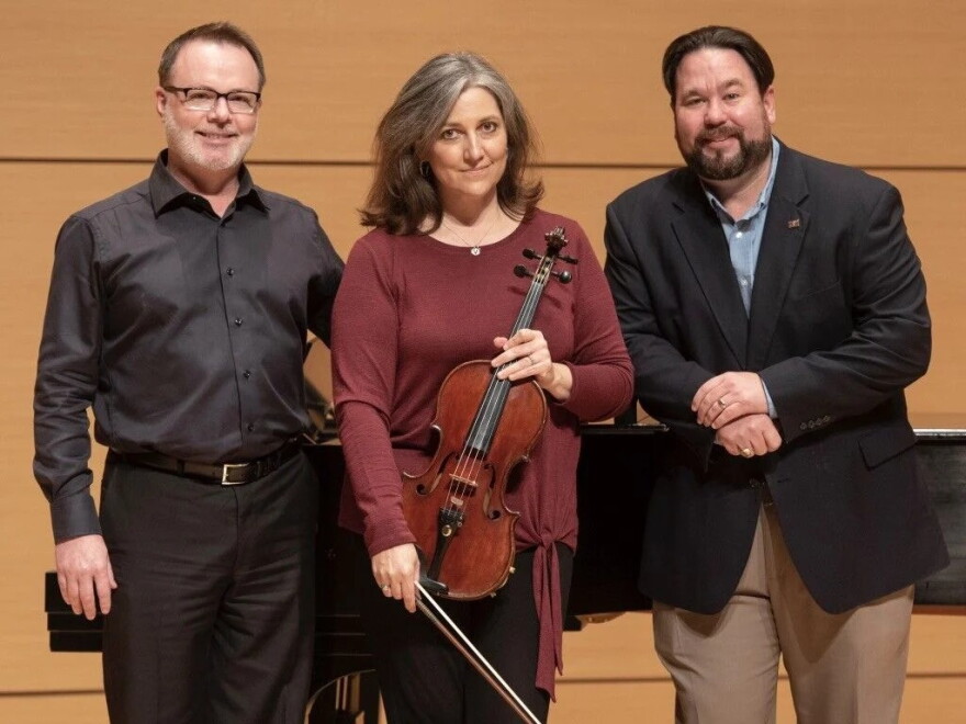 Pianist Joey M. Martin, left, violist Ames Asbell and tenor Richard Novak, a University of North Texas voice professor, will perform Stations of Mychal at UNT's Paul Voertman Concert Hall on Thursday.