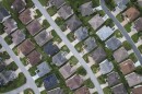 An aerial view shows homes 