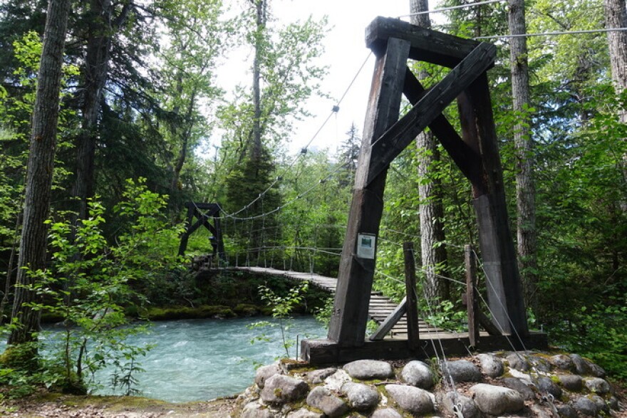 A wooden suspension footbridge over a small, turquoise river in a forest.