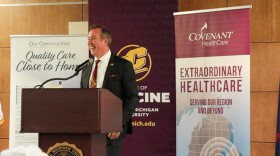 Central Michigan University President Neil MacKinnon addresses the audience during a press conference in the Herbert H. and Grace A. Dow College of Health Professions building, Mount Pleasant, Michigan, on Friday, Nov. 21, 2025.