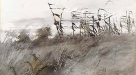 "November First" is a 1950 watercolor painting by Andrew Wyeth that depicts a cold, late-autumn scene of tattered cornstalks in a harvested field.