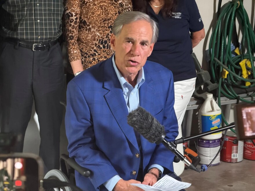 Texas Gov. Greg Abbott speaking at a campaign event in northwest Houston, July 15, 2026.