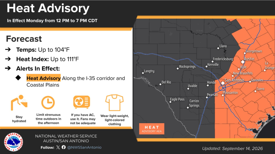 A heat advisory was posted for much of the area from noon until 7 p.m. on Monday