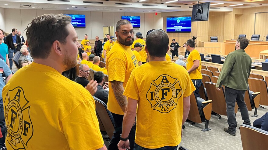 Dozens of Virginia Beach fire and EMS staff pushed City Council to allow them to collectively bargain a contract at a public hearing on April 9. (Photo by Ryan Murphy)