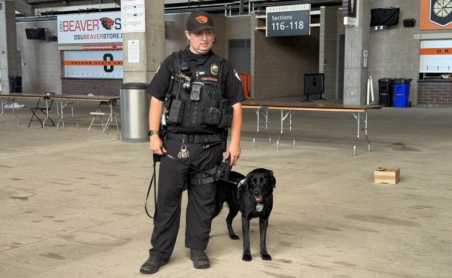Tex and his handler OSU Public Safety Police Officer Zack Leingang, July 28, 2026.