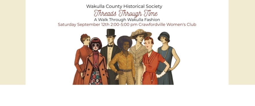 Flyer featuring cartoon drawings of people in clothing from historical periods