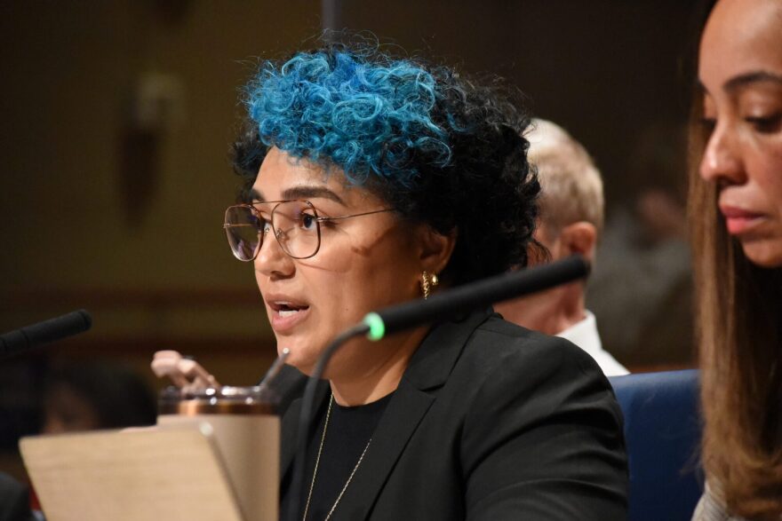 Tania Wolf, an advocacy manager with the National Immigration Project, speaks about the impact of immigration enforcement operations on the region as part of a field hearing at New Orleans City Hall on January 26, 2026.