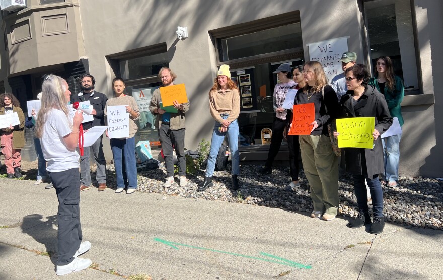 Tenants and supporters stand outside Amsdell Apartments, the union was launched on Saturday, October 11