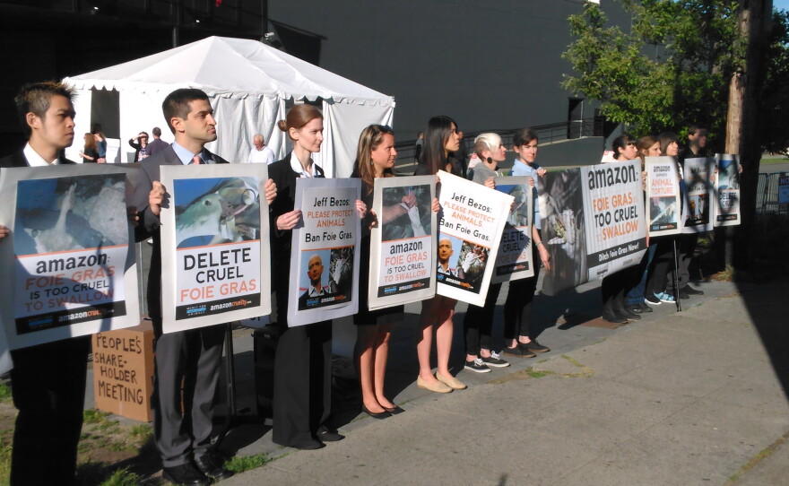 Animal rights advocates were one of many groups protesting outside Amazon's annual meeting