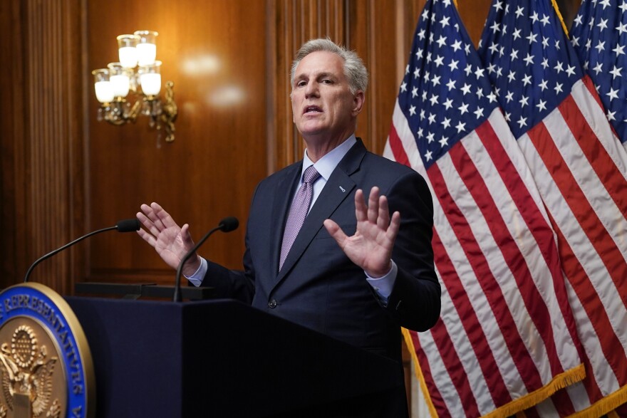 Rep. Kevin McCarthy, R-Calif., speaks to reporters hours after he was ousted as Speaker of the House, Tuesday, Oct. 3, 2023, at the Capitol in Washington. 