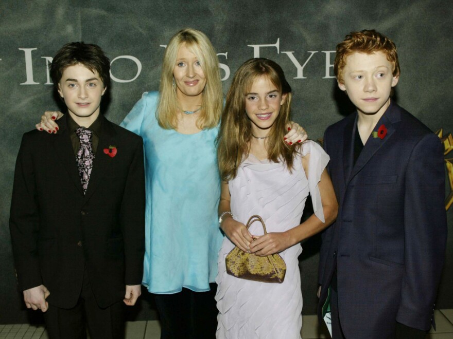 From left, actor Daniel Radcliffe, author J.K. Rowling and actors Emma Watson and Rupert Grint arrive for the world premiere of <em>Harry Potter and the Chamber of Secrets</em> at the Odeon Leicester Square on Nov. 3, 2002, in London.