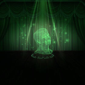 futuristic illustration of Jennifer Higdon being projected on a dark stage in neon green light