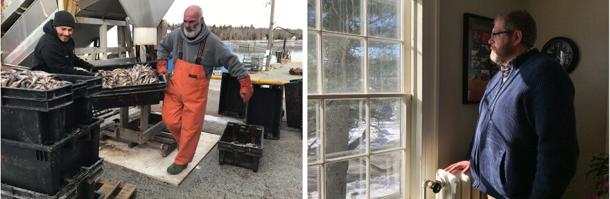 Crew members Robert Stanley (left) and Mike Bragdon of Lobster Trap prepare containers of salted herring as lobster bait. At right, Charles Rudelitch, executive director of the Sunrise County Economic Council, says immigrants and other newcomers are key to sustaining the economy of Milbridge and its surrounding towns.