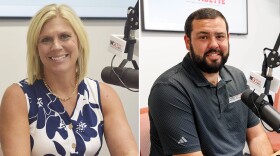 A woman and man in side-by-side photos sitting in a radio studio. The woman is wearing a flower-patterned sleeveless top and he is wearing a gray collared t-shirt