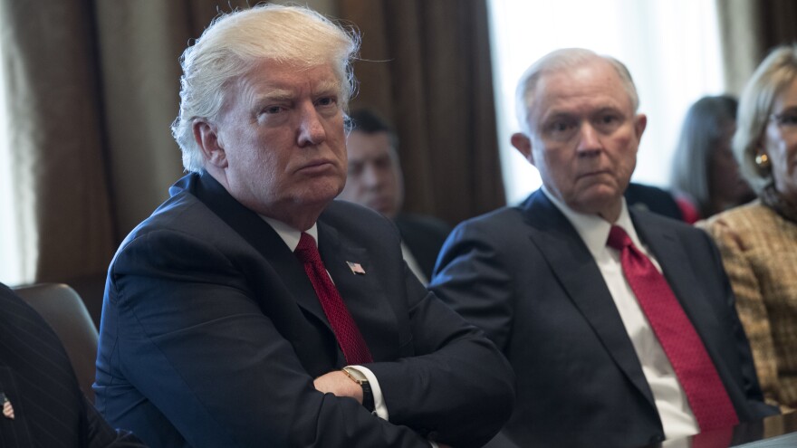 President Trump and Attorney General Jeff Sessions attend a panel discussion on opioid and other drug abuse at the White House on March 29, 2017.
