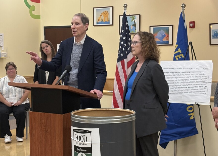 Senator Ron Wyden and Congresswoman Val Hoyle spoke together at the Women, Infants and Children program building on Nov. 1, 2025.