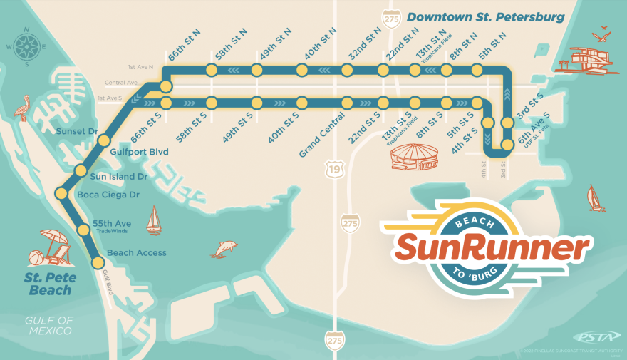 A vibrant map showing the stops of St. Pete's new SunRunner bus system.