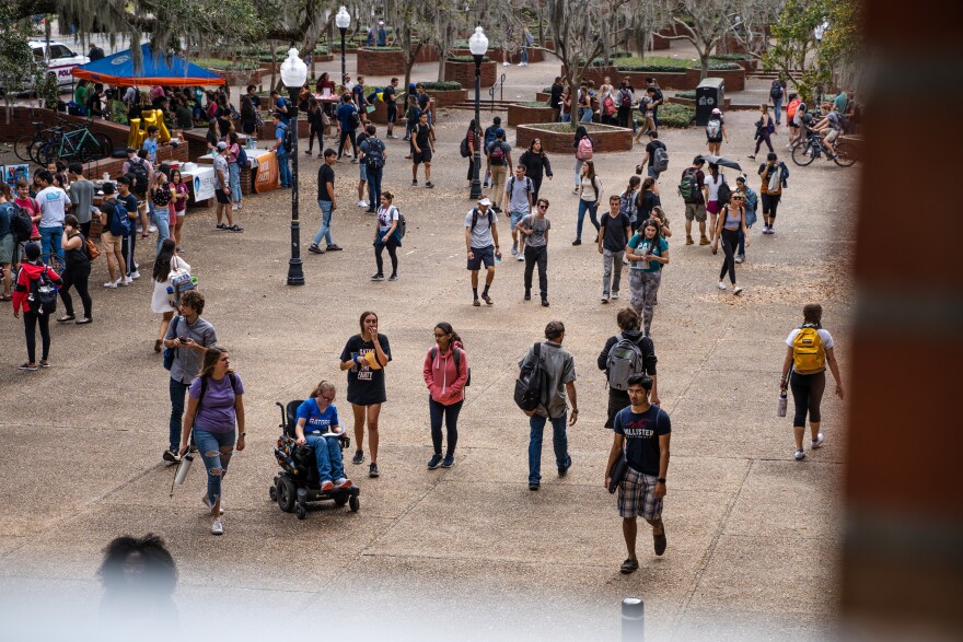 University of Florida students walk through Turlington Plaza in between classes on Thursday afternoon, February 13, 2020, in Gainesville, Fla. (Justin Bright/Fresh Take Florida)