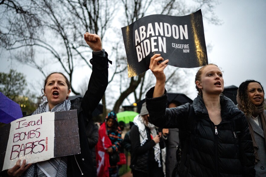 Pro-Palestinian demonstrators call for a cease-fire in Gaza during a protest outside the White House on April 2, 2024.