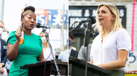 Two photos side-by-side of women speaking into microphones.