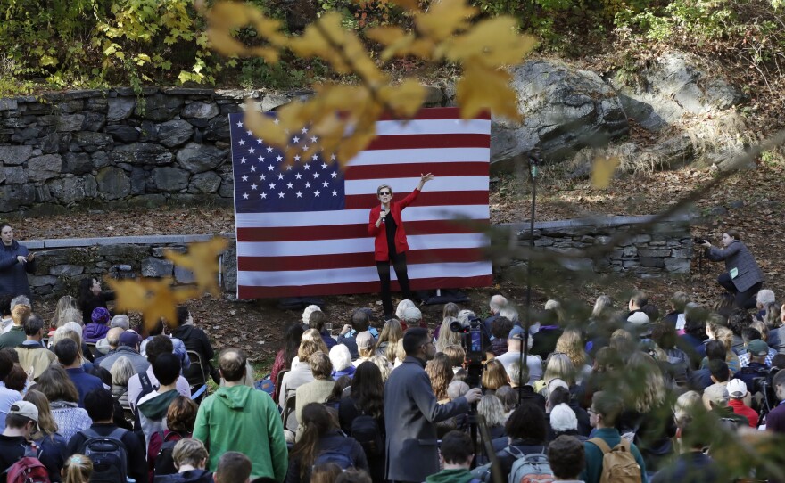 Warren, seen speaking at Dartmouth College in Hanover, N.H., last week, often ends her stump speech with a promise to "dream big" and "fight hard."