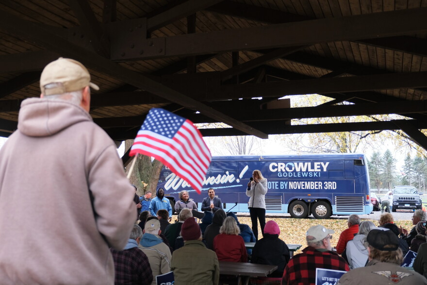 Wisconsin Democratic Gubernatorial Candidate David Crowley and other democrats on the ballot make a stop at Hodag Park in Rhinelander on Tuesday, October 27, 2026 to encourage people to get out and vote.