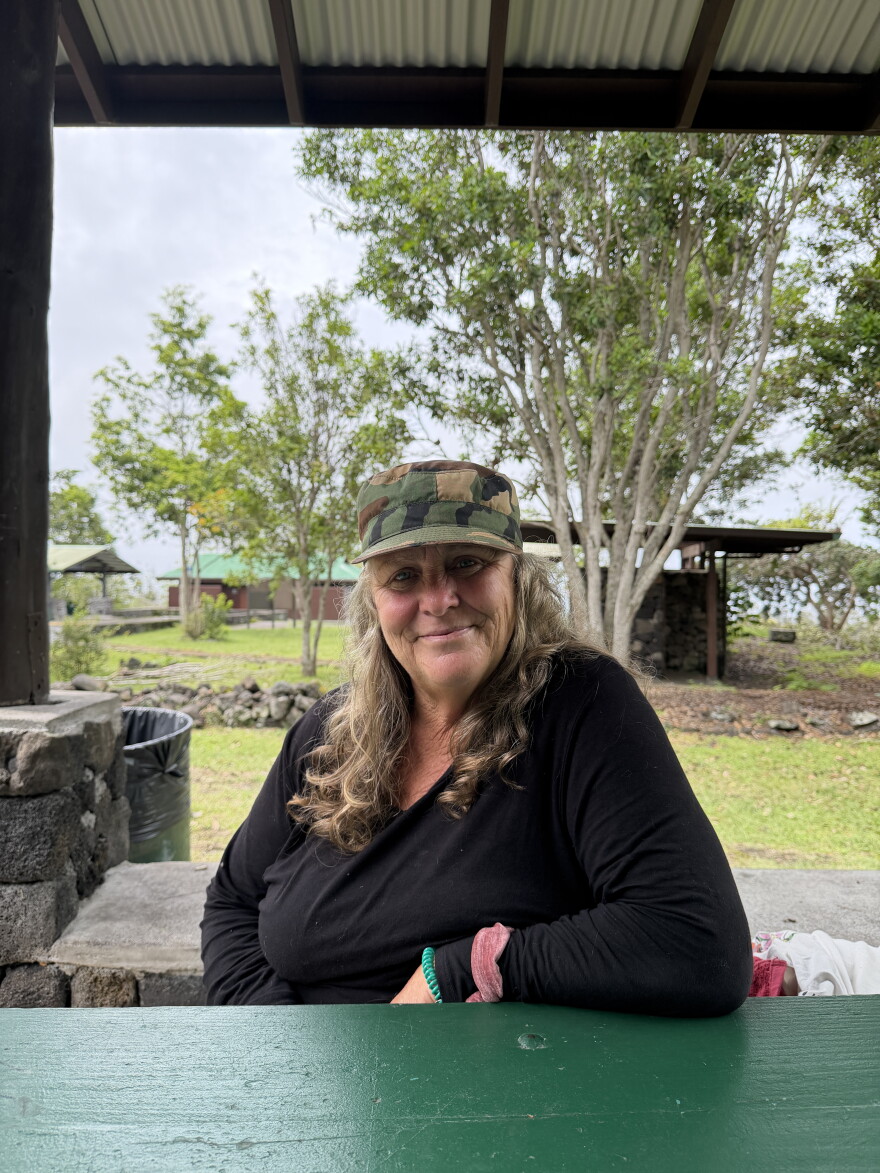 Britta Jacobson was taking shelter under a pavilion at Mānuka Natural Area Reserve near Ocean View midday on Friday, Sept. 25, 2026.