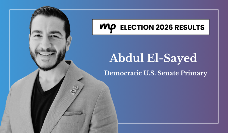 A monochromatic photo of Abdul El-Sayed is in front of a blue to purple gradient background. To the right is the Michigan Public Election 2026 Results logo. Underneath are the words "Abdul El-Sayed" and "Democratic U.S. Senate Primary."