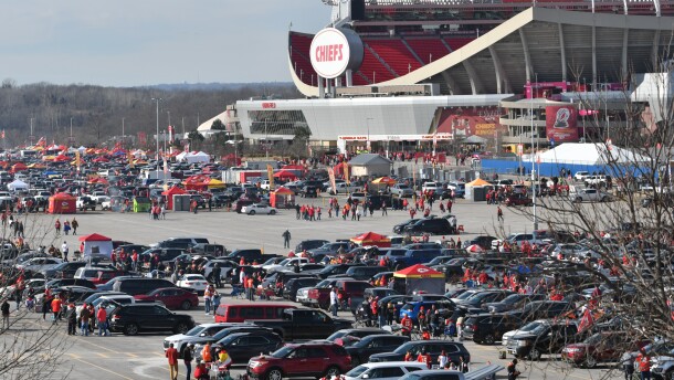 Kansas City Chiefs tailgaters set up before the AFC championship game at Arrowhead Stadium on Jan. 31, 2022.