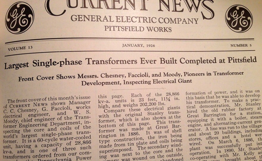 A headline in "Current News" in 1926 touts the transformers manufactured in Pittsfield, Massachusetts.