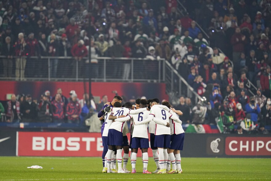 The United States starting squad huddles before the start of the first half of a FIFA World Cup qualifying soccer match between Mexico and the United States, Friday, Nov. 12, 2021, in Cincinnati. The U.S. won 2-0.