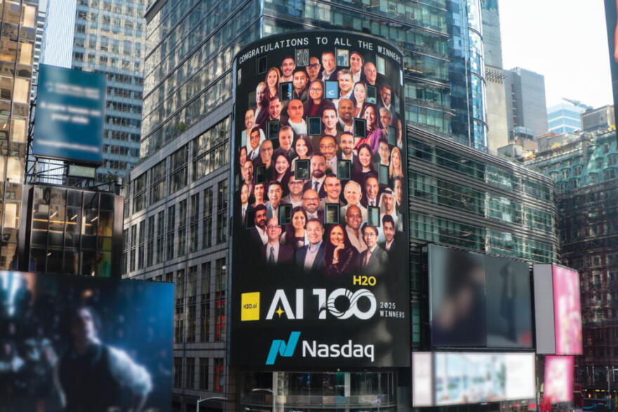 Winners of the H2O AI 100 Awards are featured on the Nasdaq MarketSite tower in Times Square, New York. The annual program recognizes leaders driving real-world impact with artificial intelligence across enterprise, government, research, and AI for good. (Business Wire via The Associated Press)