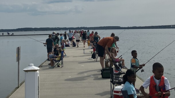 Kids and their helpers crowded along Long Warf piers, vying to catch the biggest fish