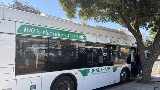 A Fresno County Rural Transit Agency bus prepares to depart a downtown Fresno stop on Oct. 7, 2026.