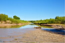 Low, muddy flows on the Rio Grande bordered by green vegetation upstream of Elephant Butte Reservoir in New Mexico.