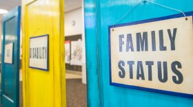 Doors painted blue, yellow and red with signs reading "family status," "disability," "sex" and "race."