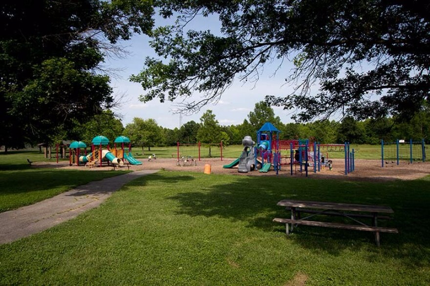 A wide view of the playground equipment at Attucks Park in Carbondale