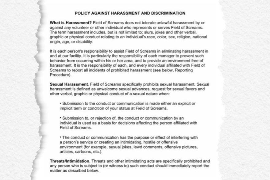 A screenshot of the harassment and discrimination policy for Field of Screams