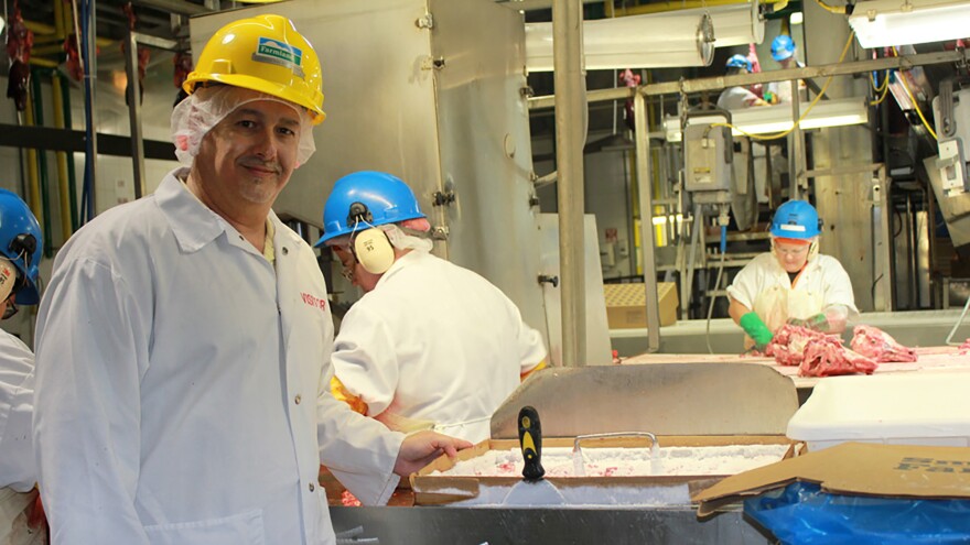 Todd Scherbing, Smithfield Foods' senior director of rendering, holds a tray of pituitary glands that are cut from hogs on the line at the Farmland Foods plant in Milan, Mo.