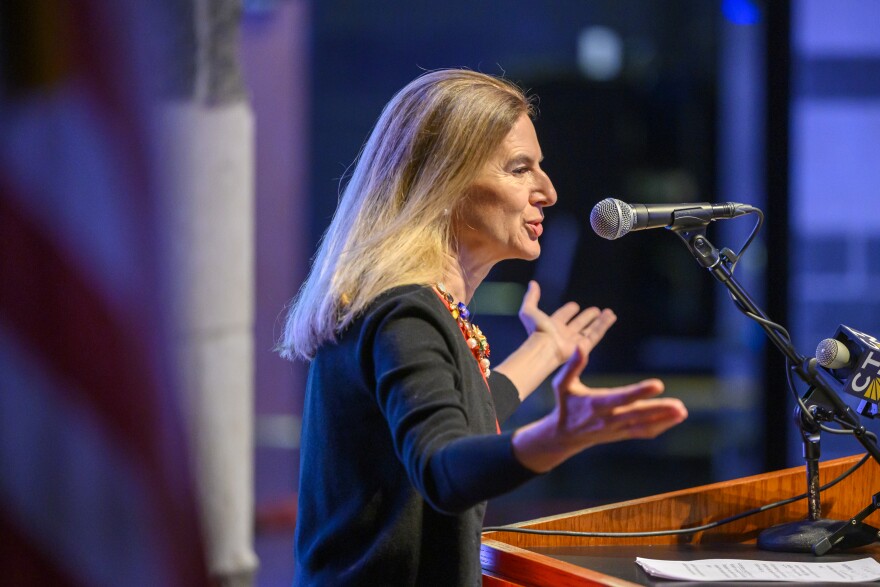 Lieutenant Governor Susan Bysiewicz addresses Connecticut’s school superintendents during the State Department of Education’s annual Commissioner’s Back-to-School Meeting for the 2023-24 school year, August 17, 2023.