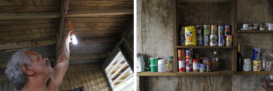 (Left) José Ramón Sierra Meléndez, turns on a light bulb inside their recently repaired house. (Right) Felicita and José store canned food in their home.